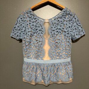 BCBG Y2K Women Size M Blue Lace Blouse Top Cut Outs